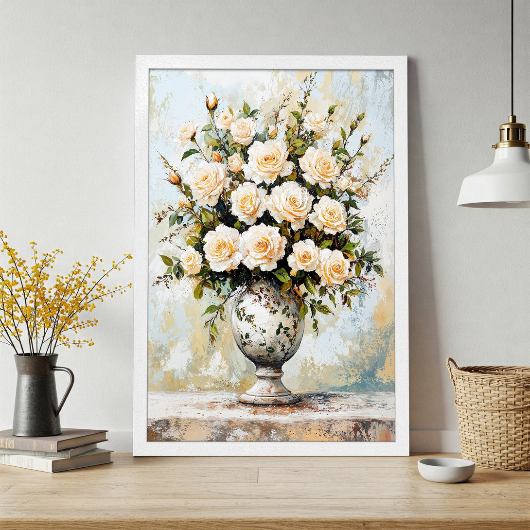 Framed Poster of white roses in a vase, impressionist style with a soft, warm color palette. Perfect floral wall art.