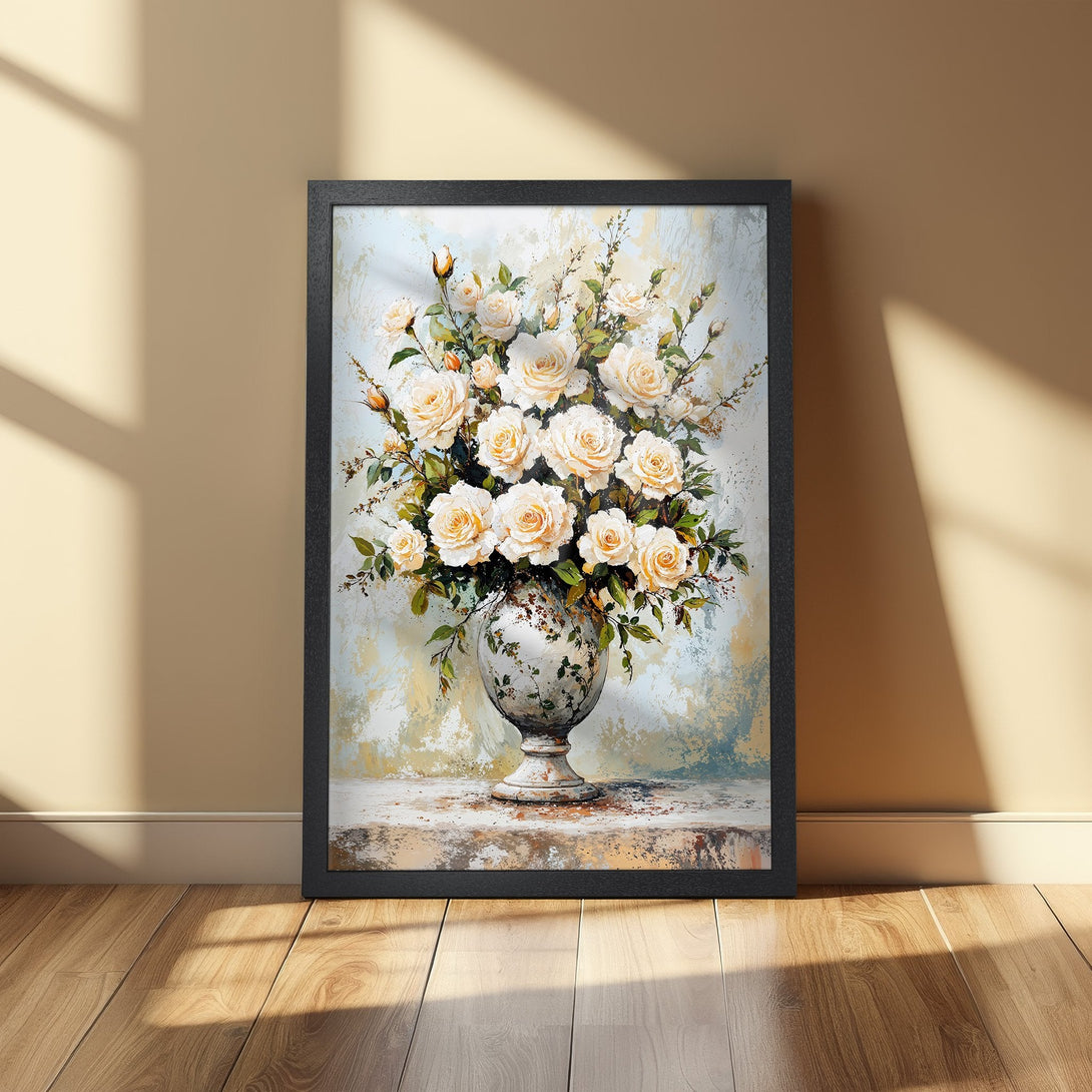 Framed Poster of white roses in a vase, floral art print. Soft, warm color palette for elegant home decor.
