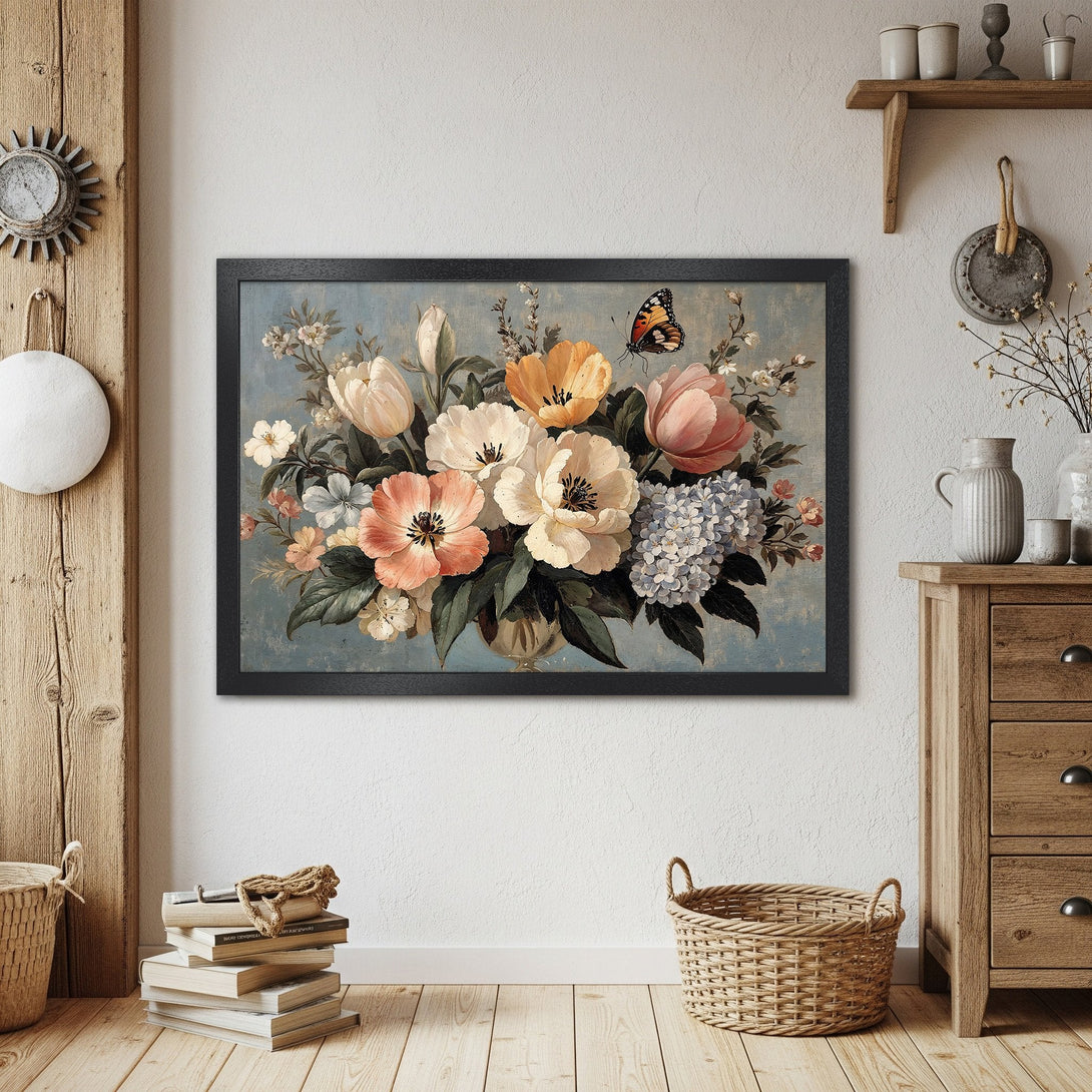 Framed Poster featuring a vintage floral still life with a butterfly. Pastel color palette, perfect for home decor.