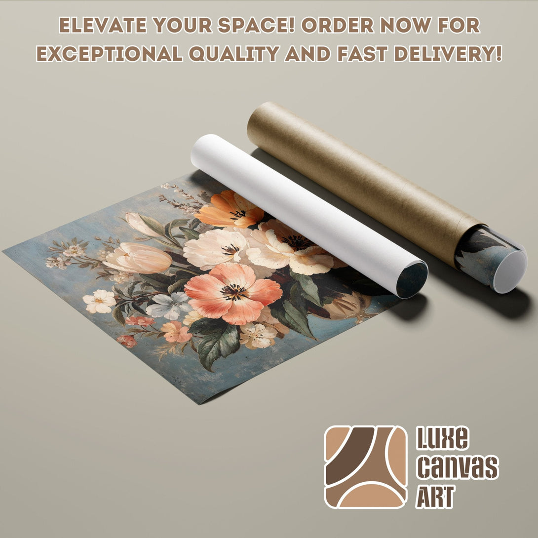 Poster Roll of floral art print in vintage style, featuring a soft blue and peach color palette.