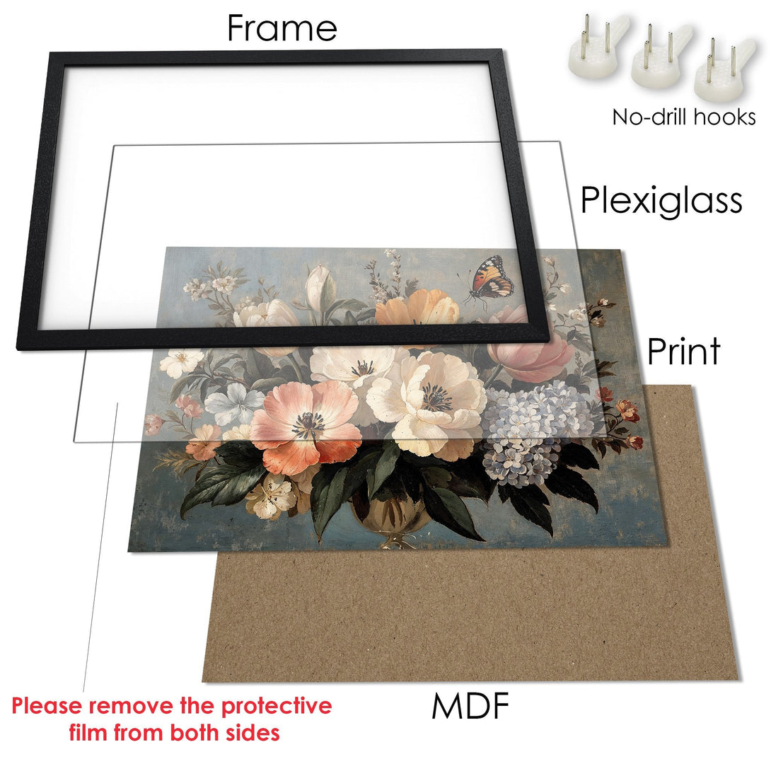 Framed Poster of floral still life in vintage style, featuring soft pastel colors. Perfect wall art!
