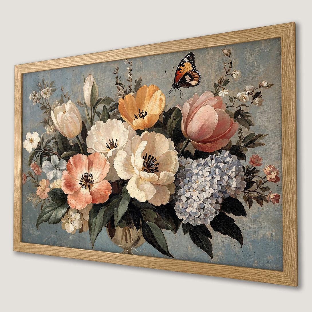 Framed Poster of vintage floral still life with butterfly, soft pastel colors.
