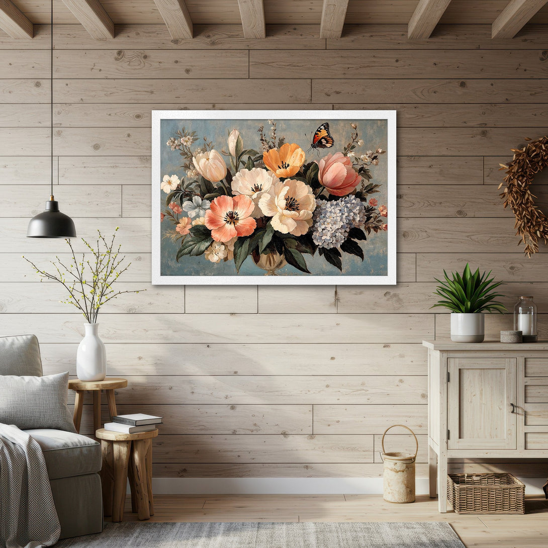Framed Poster featuring a vintage floral still life, showcasing a warm color palette with soft pastels. Perfect wall art for home decor.