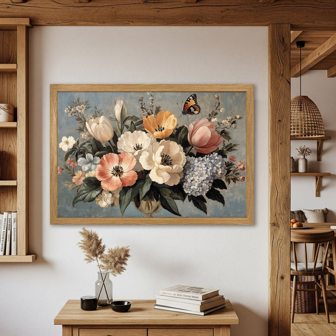 Framed Poster featuring a vintage floral bouquet with a butterfly, in a soft pastel color palette. Perfect wall art for any room!