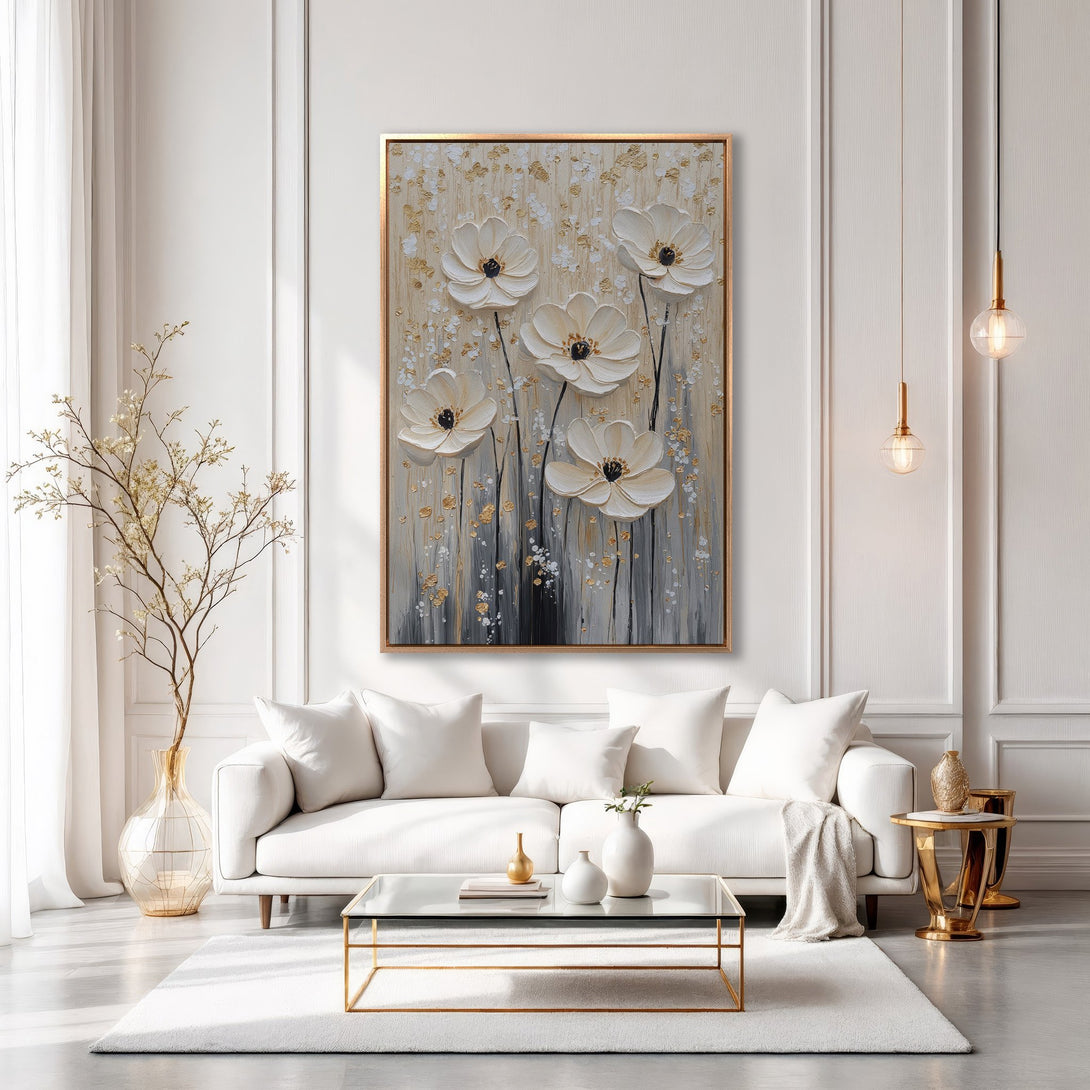 Framed Wall Art featuring elegant white flower painting in a modern interior. Neutral color palette with gold accents, perfect for adding sophistication to your space.