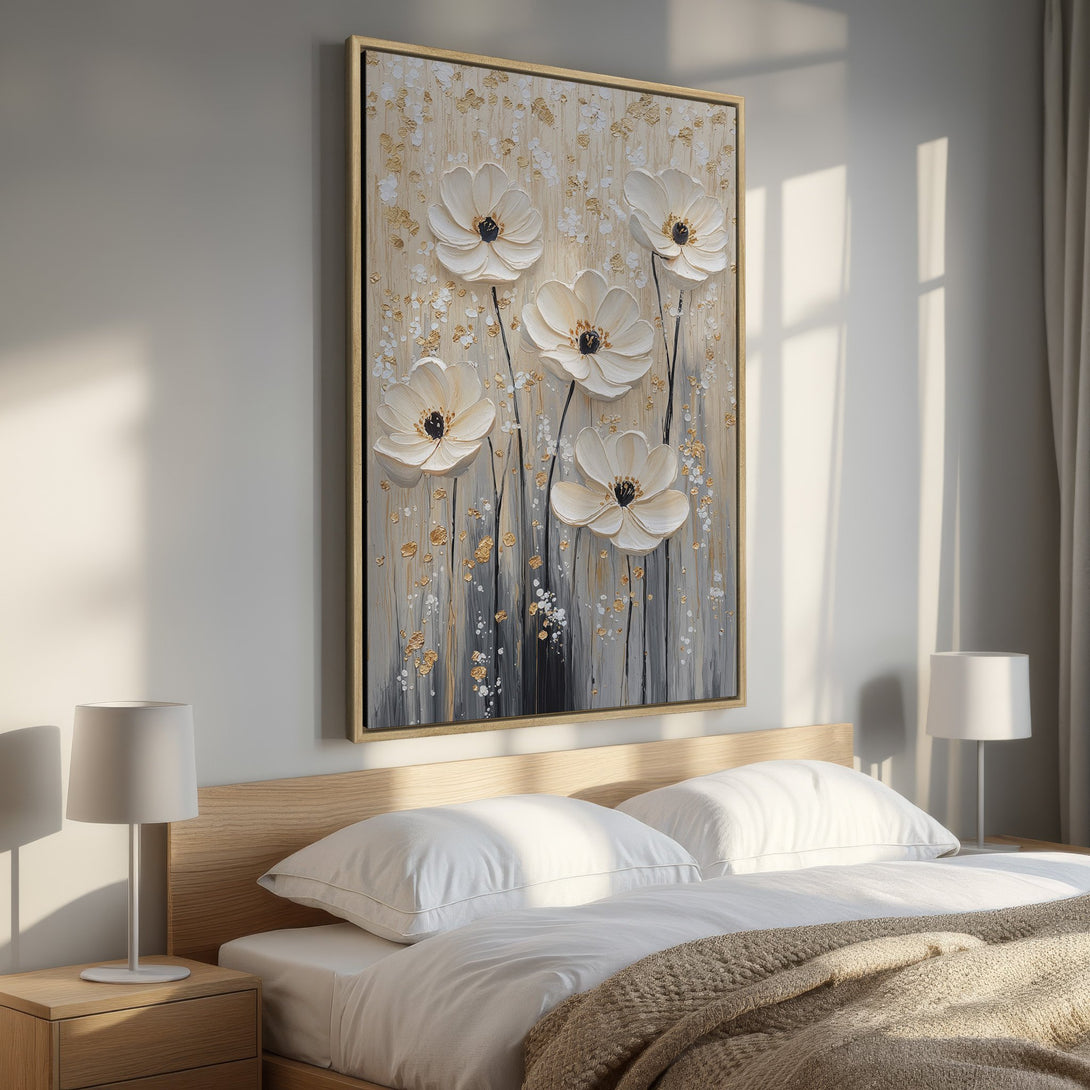 Framed Wall Art featuring elegant white floral design with gold accents. Neutral color palette adds a touch of serene beauty to any bedroom decor.