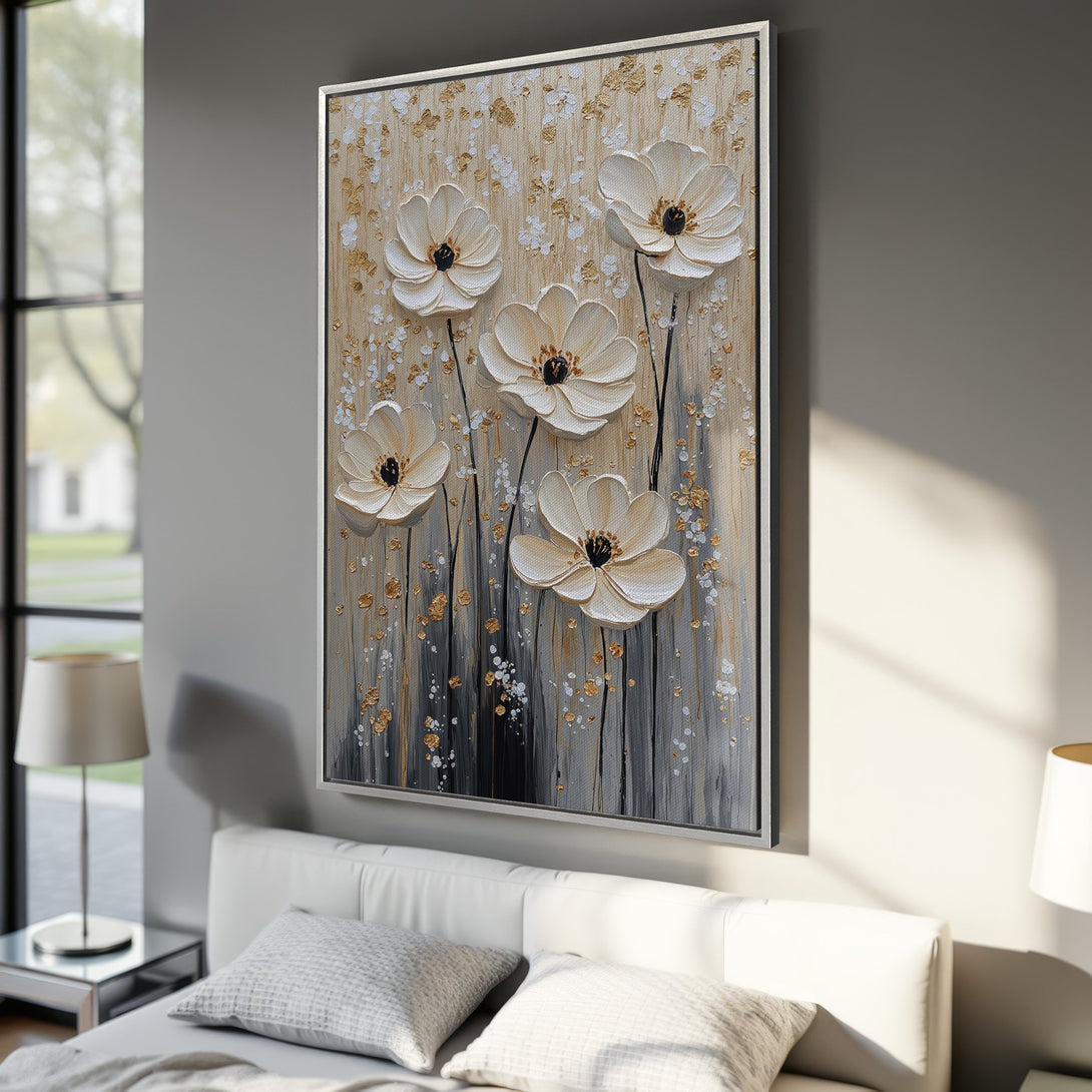 Framed Wall Art: Abstract floral canvas print with white flowers, gold accents, and a neutral color palette. Perfect for modern home decor.