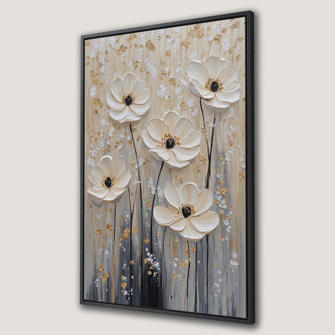 Framed Wall Art featuring textured white flowers with gold accents on a neutral beige and gray background. Modern floral canvas print for home decor.