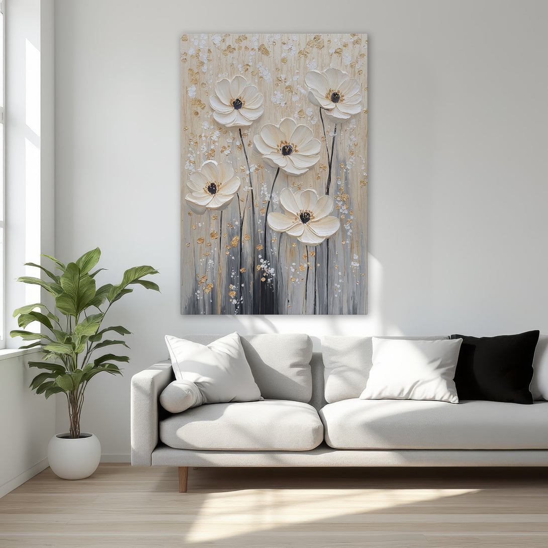 Framed Wall Art: Elegant floral canvas print in neutral tones. Textured white flowers with gold accents, perfect for bedroom decor.