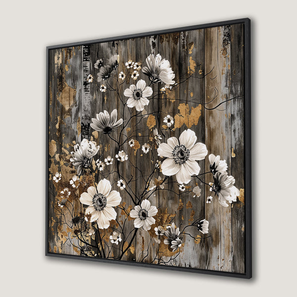 Framed Wall Art: Elegant floral Canvas Print with white flowers, gold accents, and a rustic wood background. Perfect for adding a touch of nature to your decor.