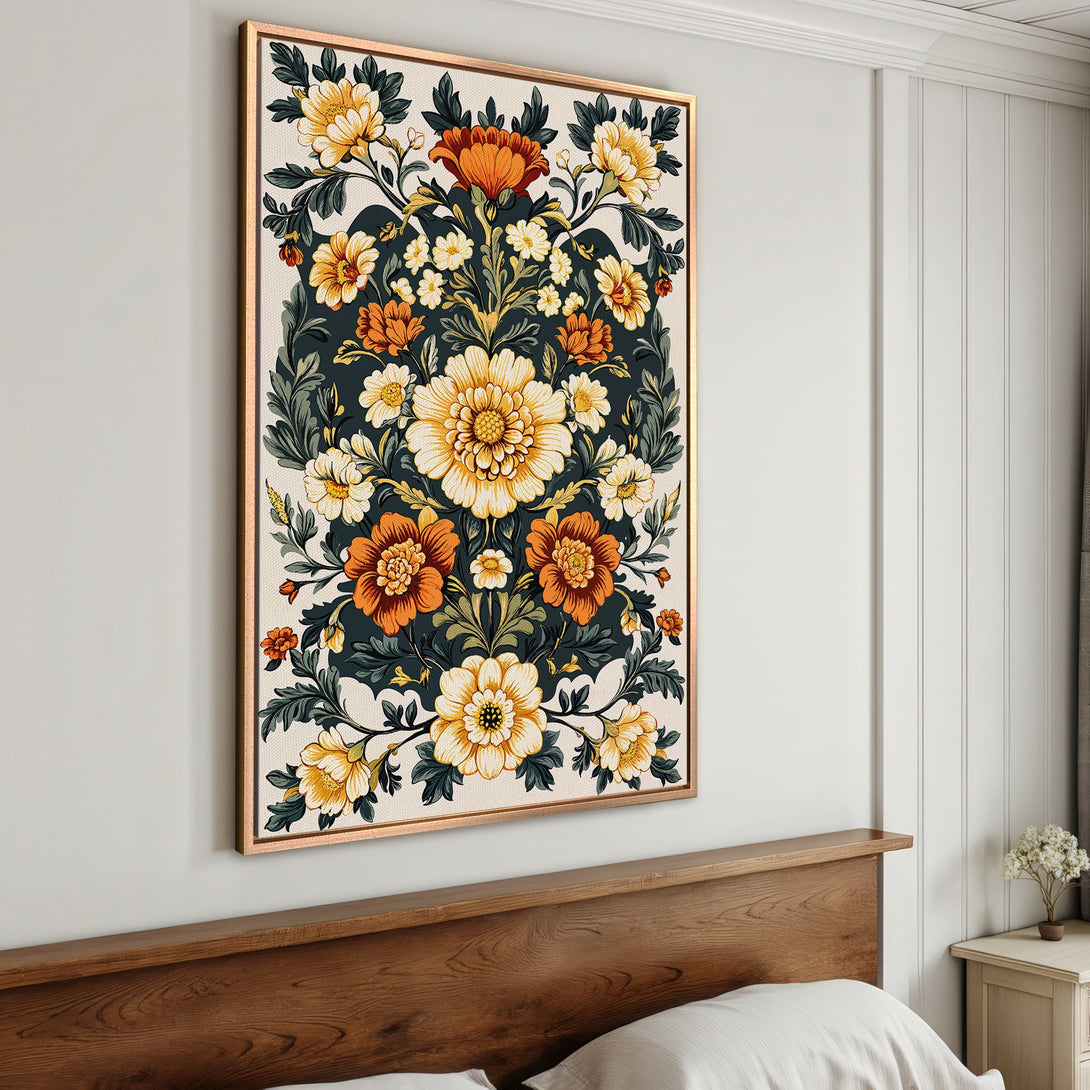 Framed Wall Art featuring a floral design in a vintage style. Warm, earthy tones of orange, yellow, and green on a dark background. Perfect for adding elegance to any room.