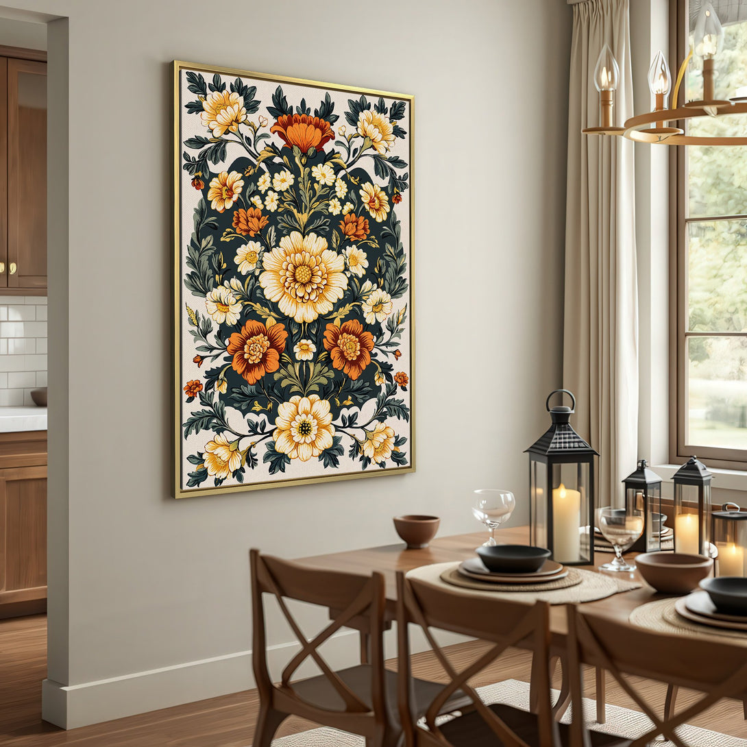 Canvas Print featuring a floral design in warm orange, yellow, and green hues. Perfect for adding a touch of vintage style to your living room!