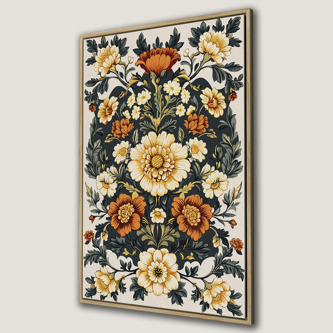 Framed Wall Art featuring a vintage floral design with yellow, orange, and green blooms. Perfect for adding a touch of elegance to any space.