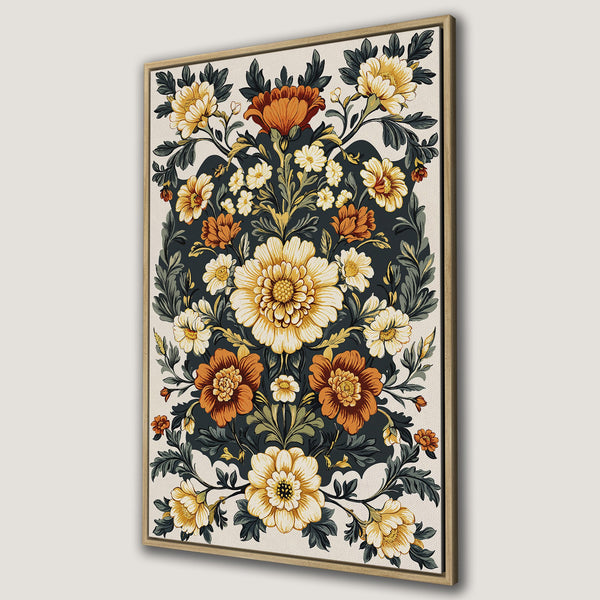 Framed Wall Art featuring a vintage floral design with yellow, orange, and green blooms. Perfect for adding a touch of elegance to any space.