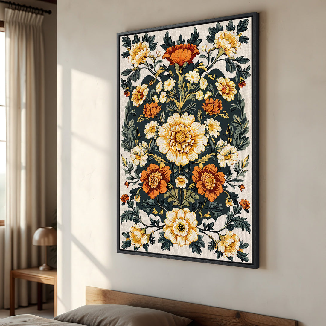 Framed Wall Art featuring a floral design in warm orange, yellow, and green tones. Perfect for adding a touch of elegance to any room.