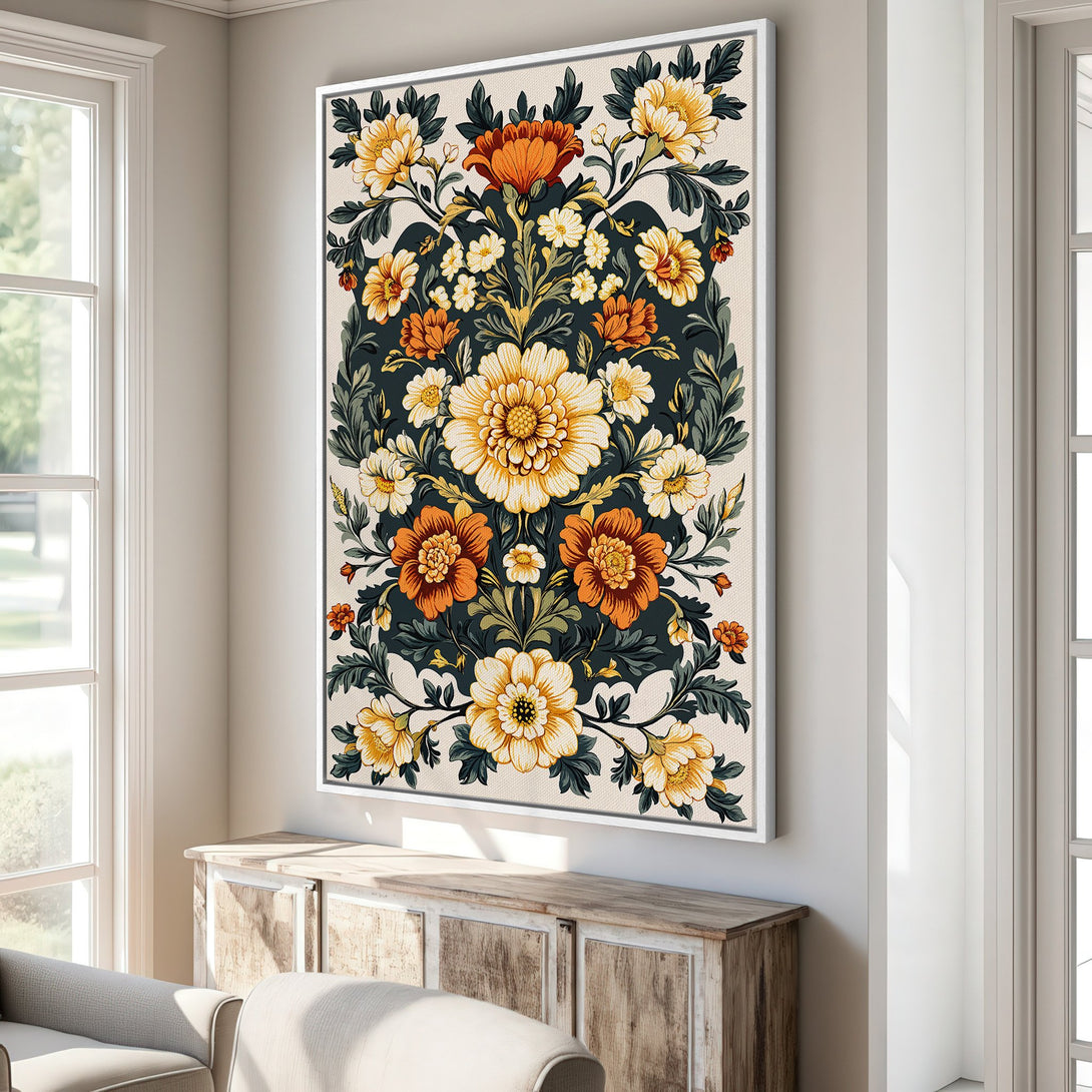 Framed Wall Art featuring a floral design in a vintage style. The canvas print showcases a warm color palette of orange, yellow, and green, perfect for home decor.