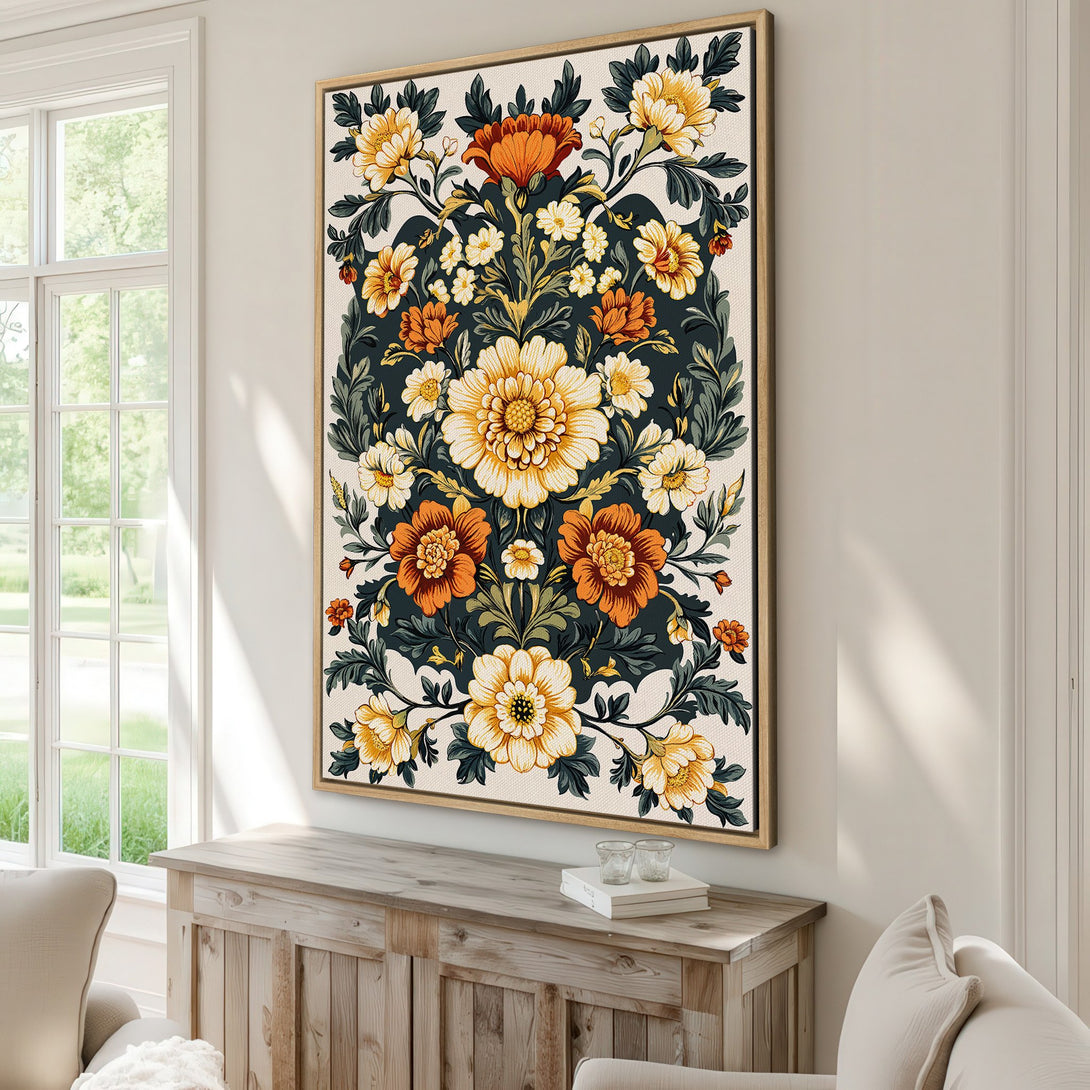 Framed Wall Art featuring a floral design in a vintage style. The color palette includes yellow, orange, and green tones, perfect for adding a touch of elegance to your home.