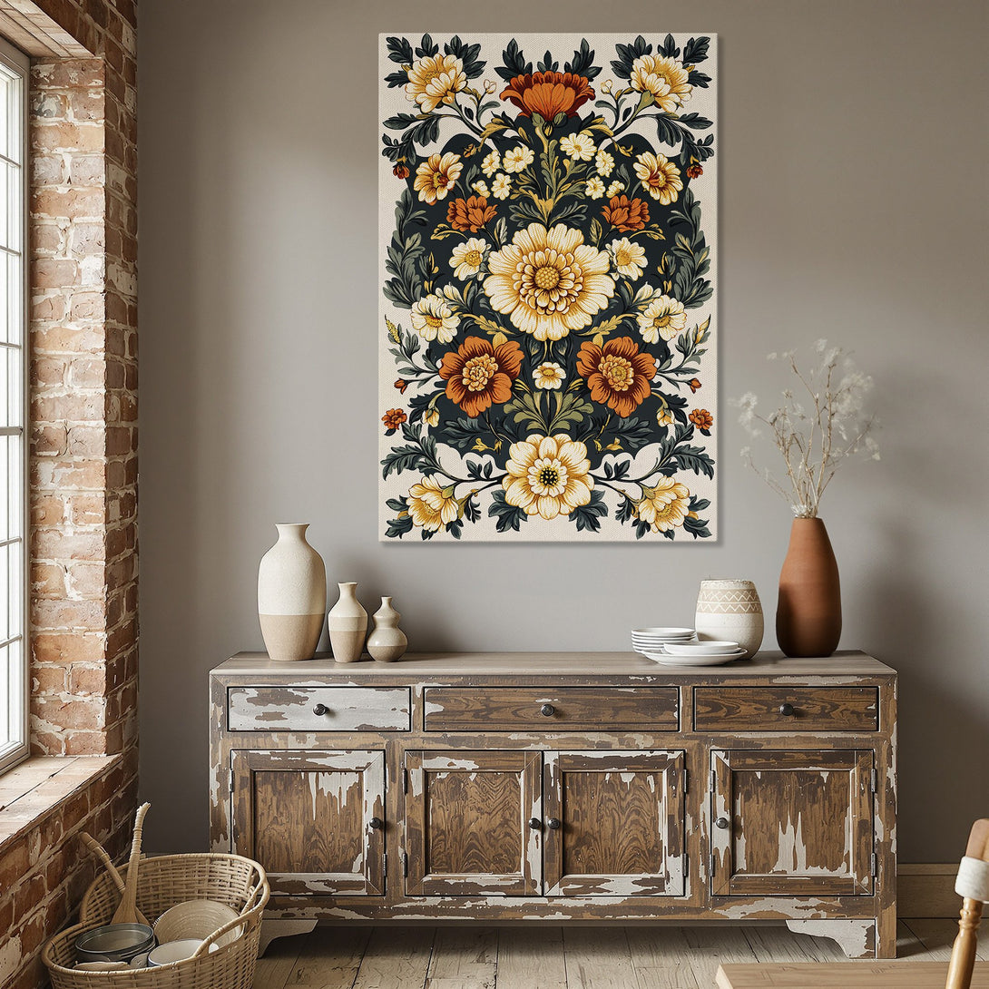 Framed Wall Art featuring a floral pattern in warm orange, yellow, and green tones. Adds a touch of elegance to any dining room.