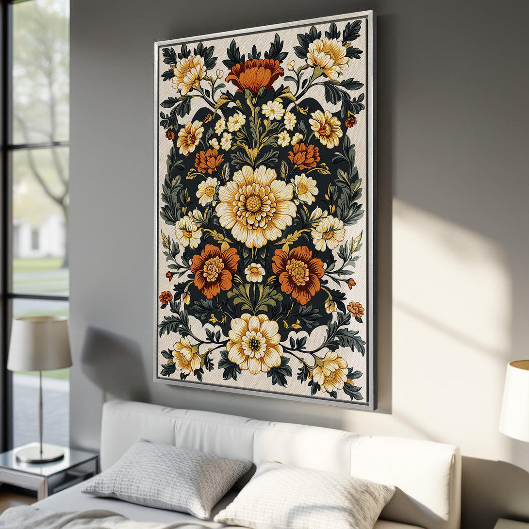 Framed Wall Art featuring a floral design in a vintage style. Warm color palette of yellow, orange, and green on a dark background. Perfect for bedroom decor.