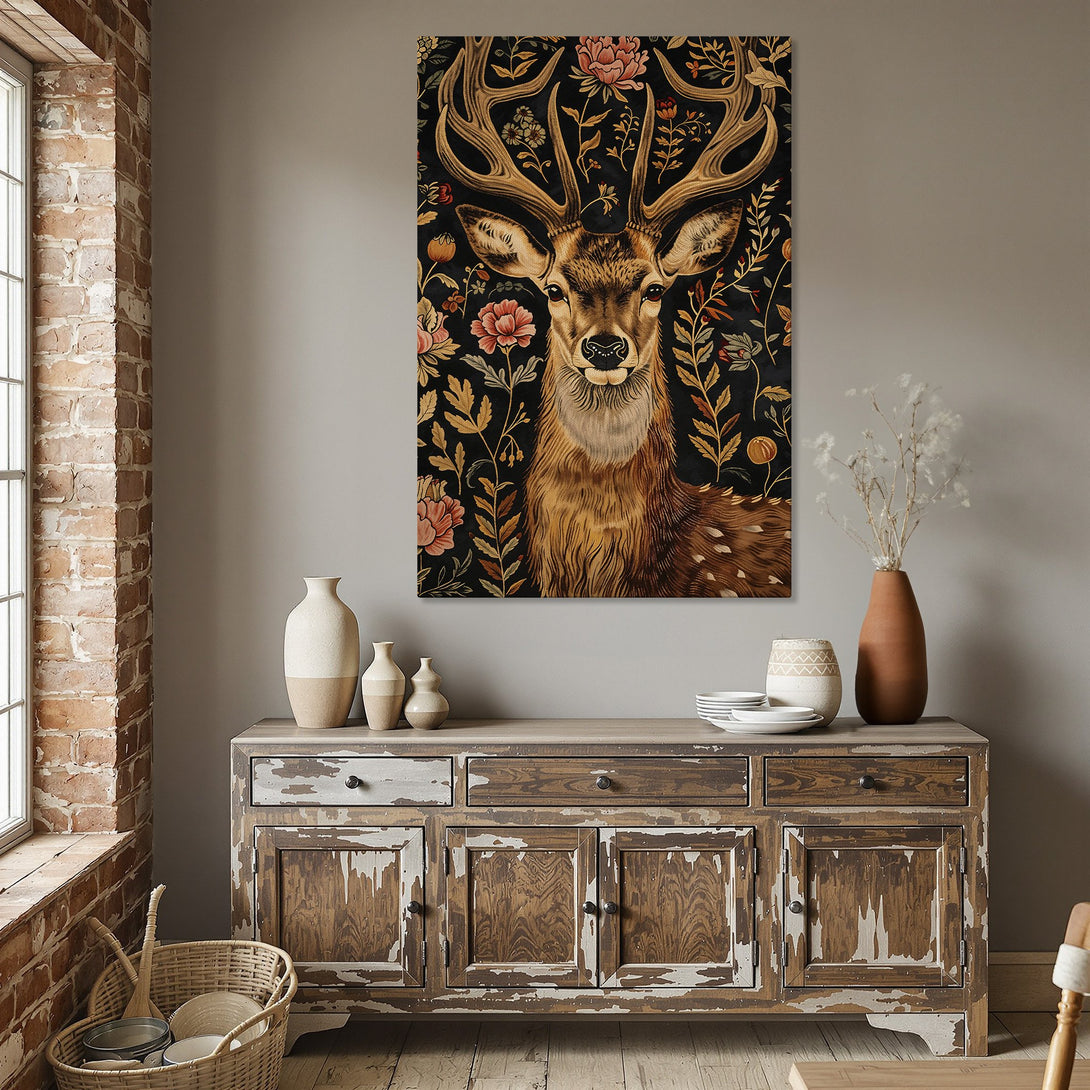 Framed Wall Art: Majestic deer portrait with floral accents. Warm, earthy tones of brown, gold, and black. Perfect for adding rustic elegance to your home.