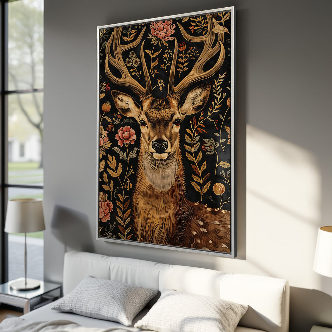Framed Wall Art featuring a majestic deer with floral accents, warm brown and gold tones on a black background, perfect for a bedroom.