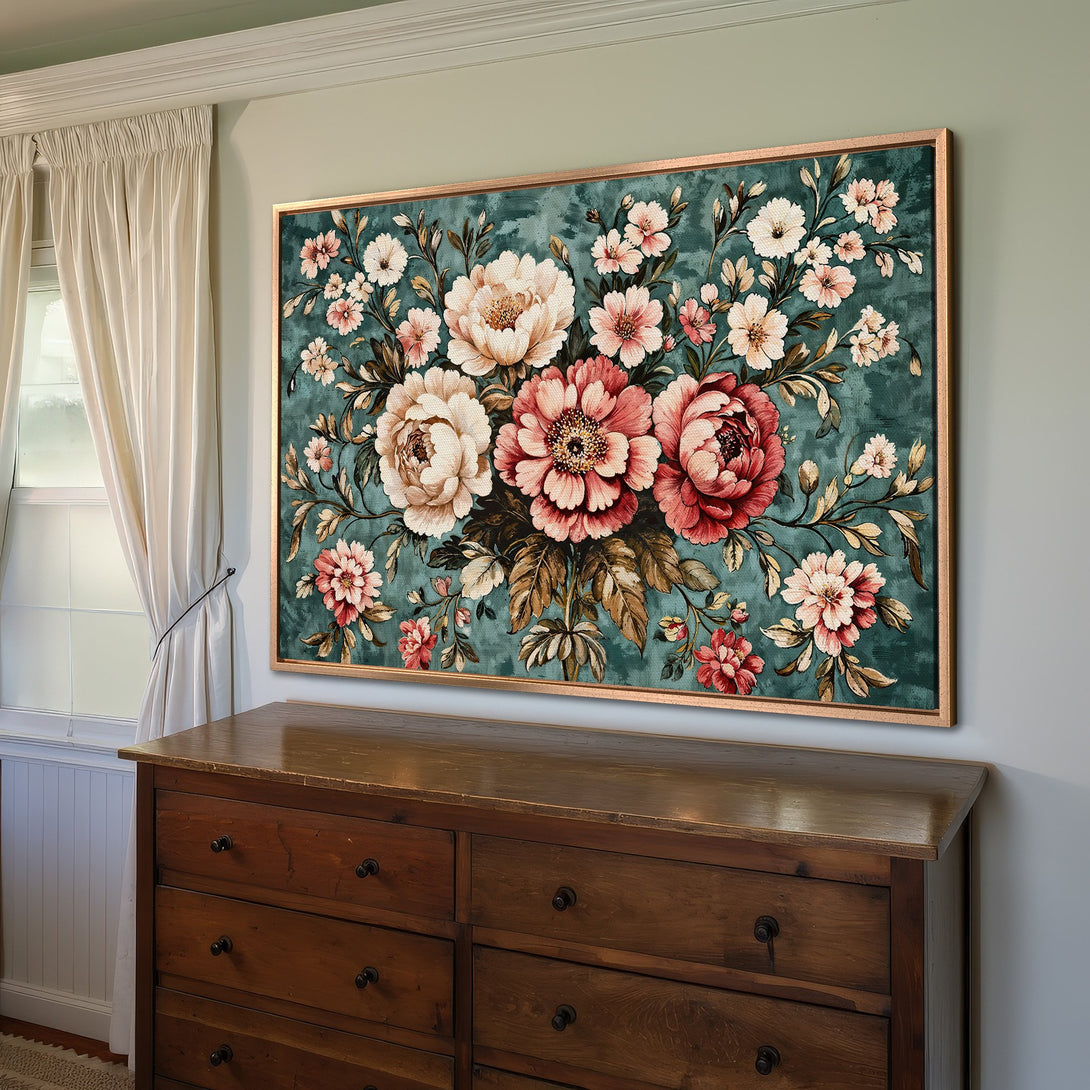 Framed Wall Art featuring a floral design with a teal background and pink & white blossoms. Perfect for adding elegance to your home decor!