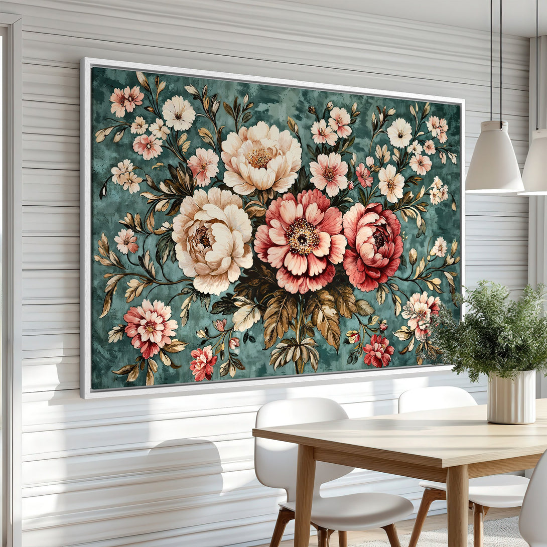 Framed Wall Art featuring a floral bouquet in a vintage style. The Canvas Print showcases a teal background with pink, cream, and brown flowers. Perfect for home decor!