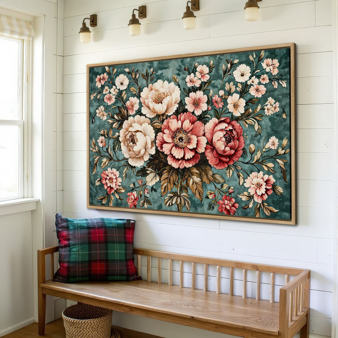 Framed Wall Art featuring a vintage floral print with a teal background and pink & cream flowers. Perfect for adding farmhouse charm to your home!