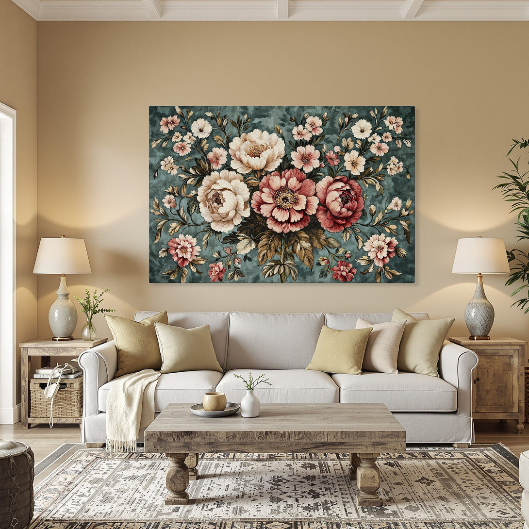 Framed Wall Art: Floral Canvas Print in a dining room. Features large peonies in a vintage style with a teal and pink color palette.
