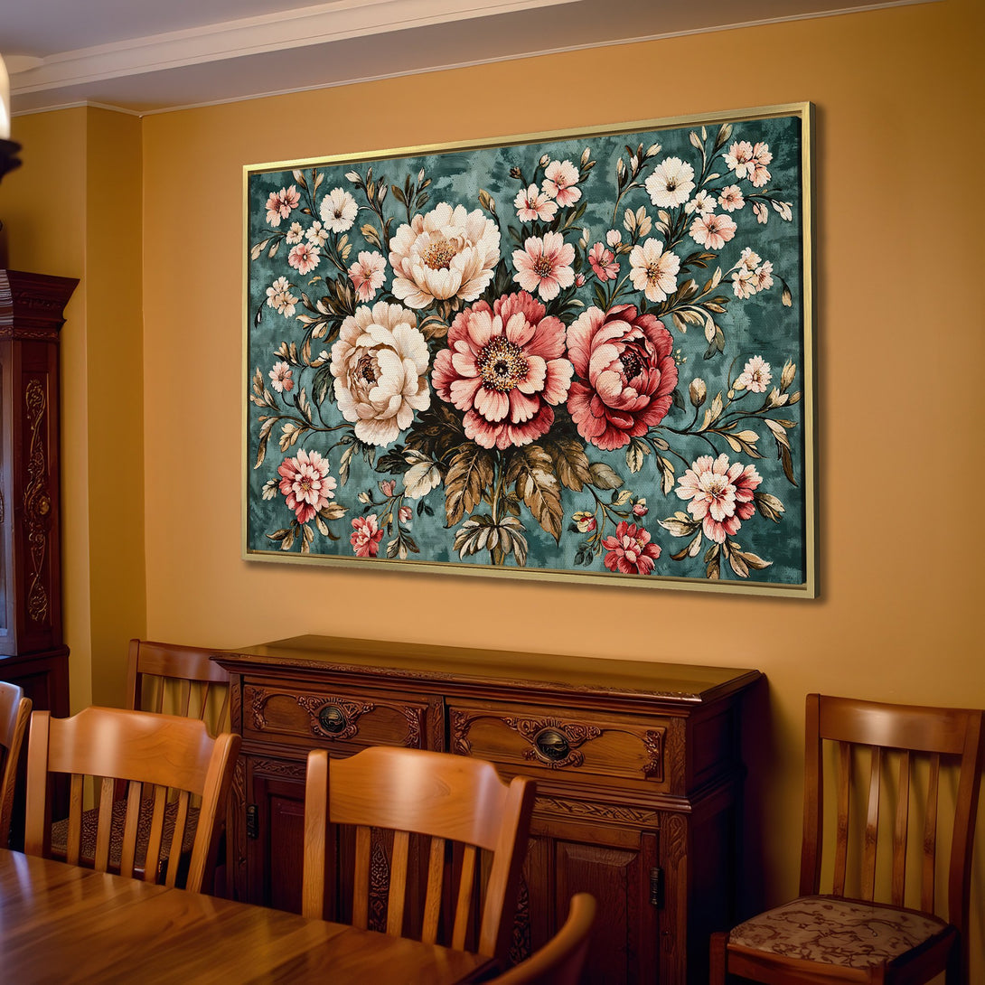 Canvas Print of floral artwork in a living room. Features a vintage style with a teal, pink, and cream color palette. Perfect wall decor!