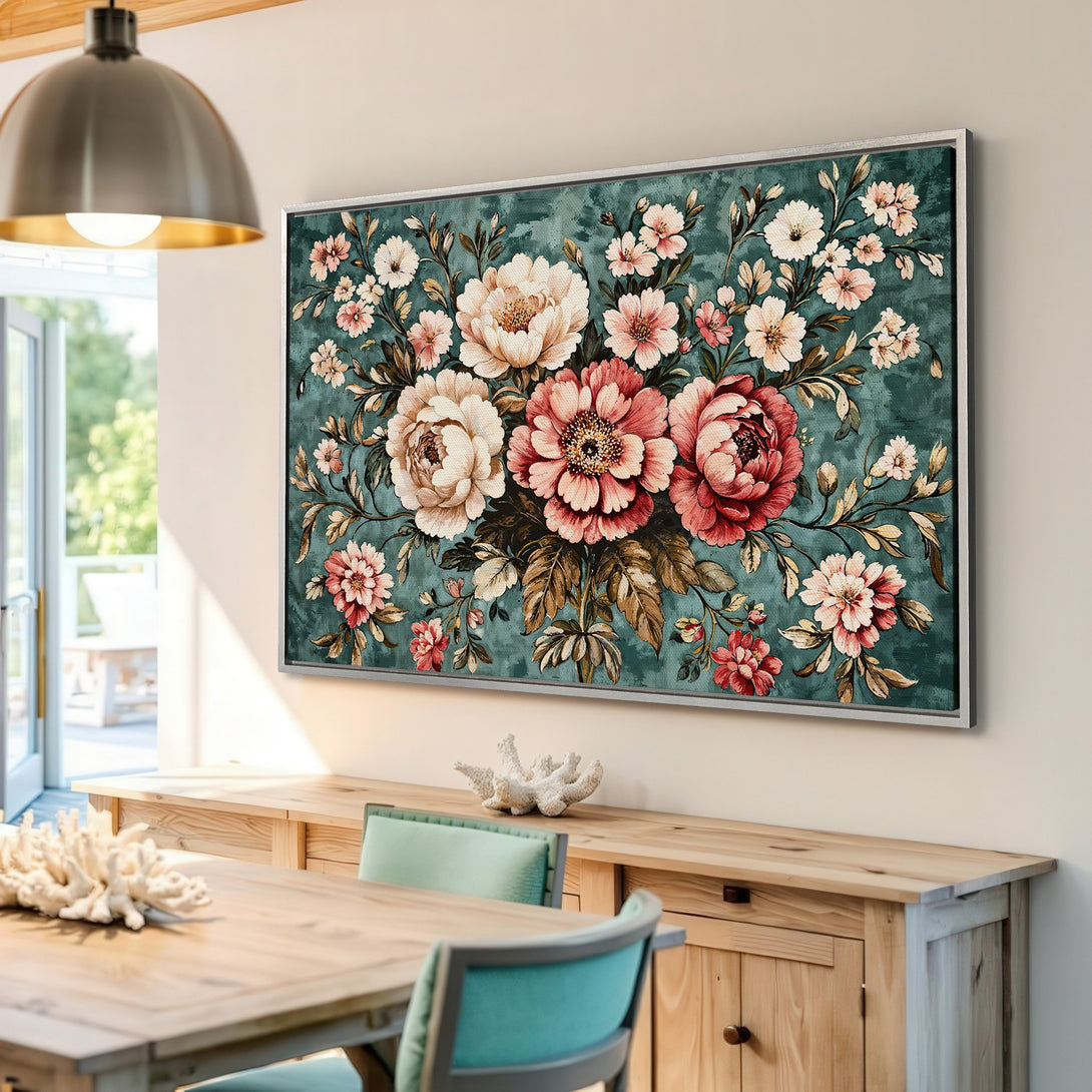 Framed Wall Art: Stunning floral Canvas Print with a teal background and pink, cream, and red flowers. Perfect for adding elegance to any interior.