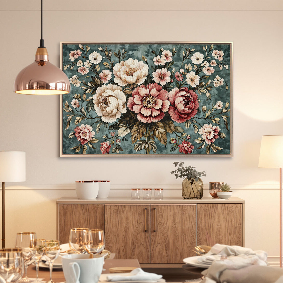 Framed Wall Art: Floral canvas print with a vintage style, featuring peonies in shades of pink, cream, and teal. Perfect for adding elegance to your home!