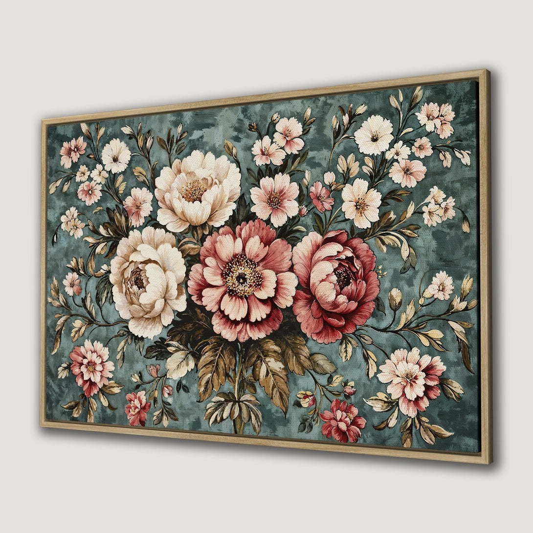 Framed Wall Art featuring a vintage floral design in a romantic style with a teal and blush color palette. Perfect for adding elegance to any room.
