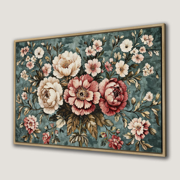 Framed Wall Art featuring a vintage floral design in a romantic style with a teal and blush color palette. Perfect for adding elegance to any room.