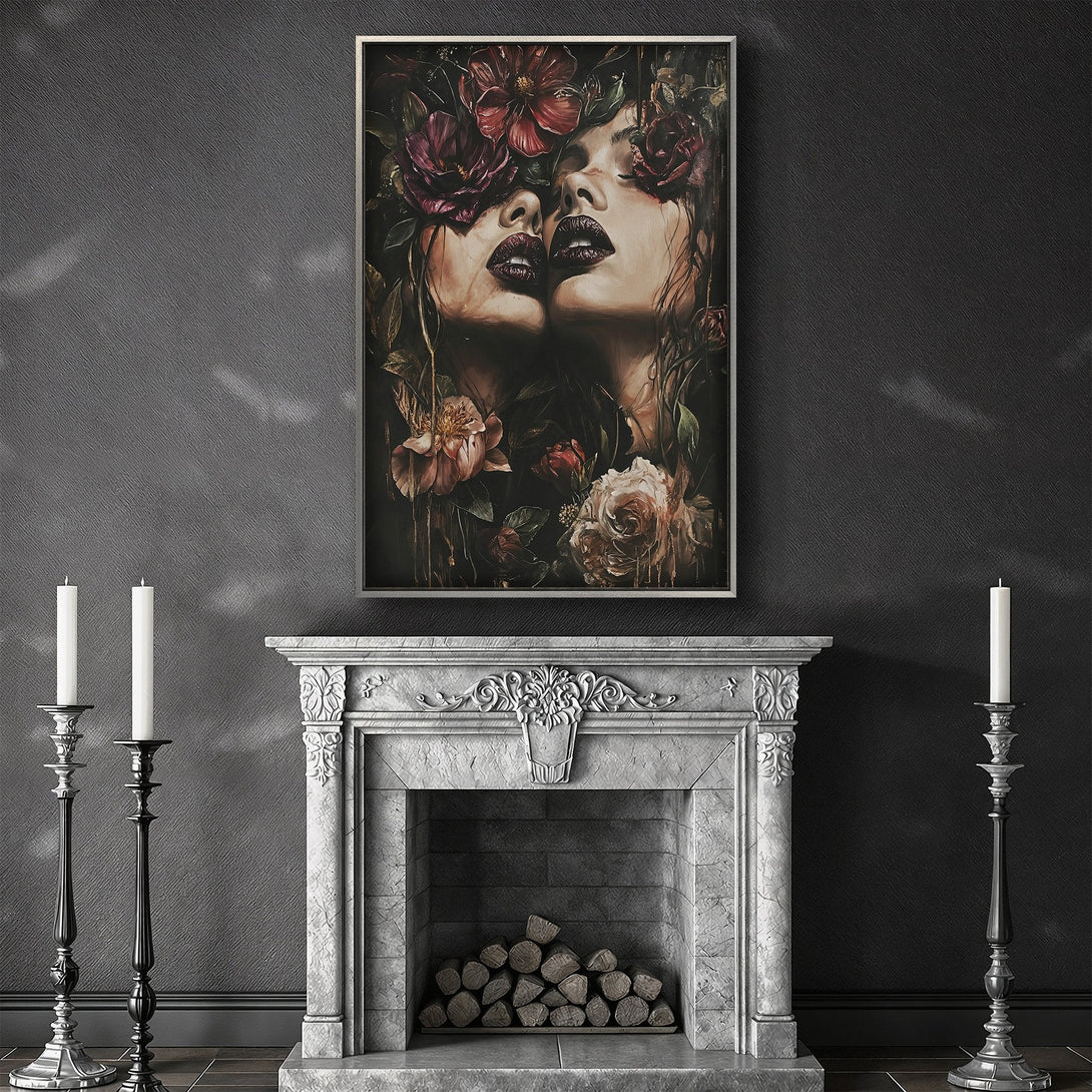 Framed Wall Art: Dramatic floral portrait in moody tones. Dark, romantic canvas print with burgundy, blush, and black color palette. Elevate your space with art.
