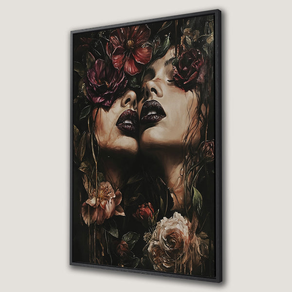 Framed Wall Art featuring a sensual portrait of two women with floral elements, dark and moody color palette, perfect for adding elegance to any space.