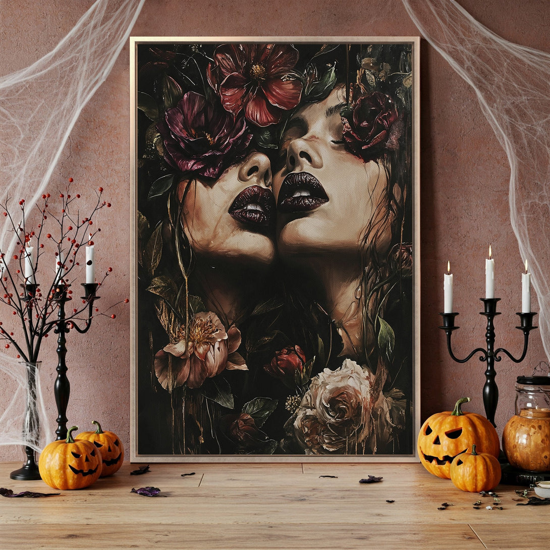 Framed Wall Art featuring a dark, romantic portrait of two women with floral accents. Moody, gothic style with a rich, dark color palette. Perfect Halloween decor!