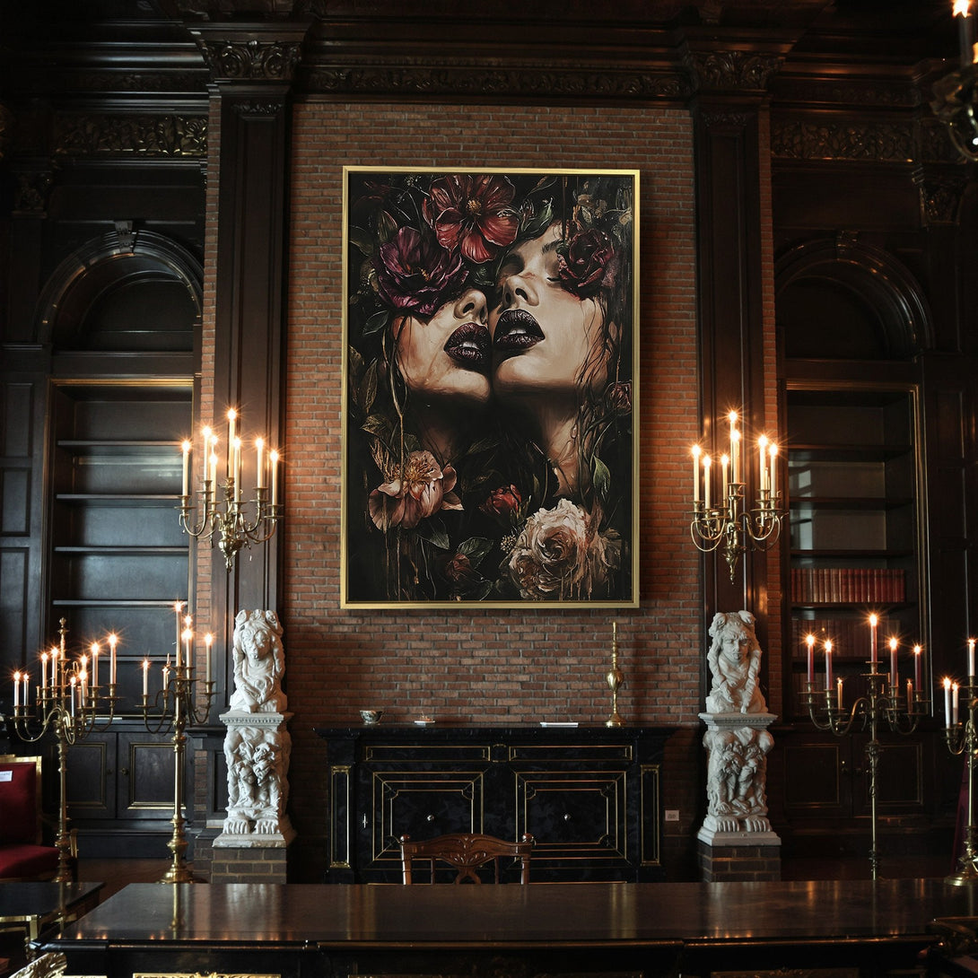 Canvas Print featuring a gothic floral portrait in deep reds and blacks, perfect for dark academia decor.