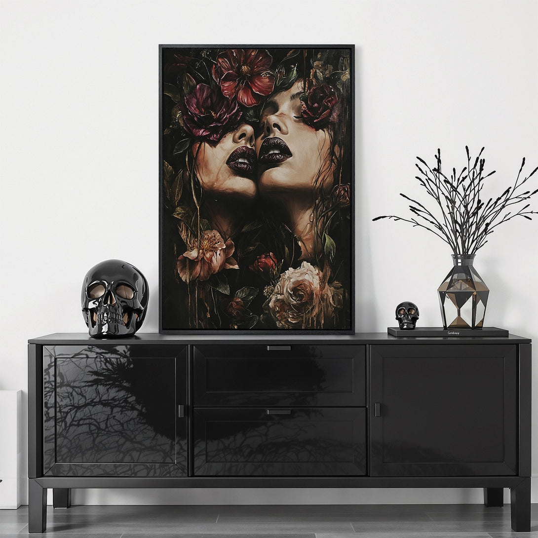 Framed Wall Art featuring a sensual portrait with floral accents, dark and moody color palette, perfect for adding a touch of elegance.