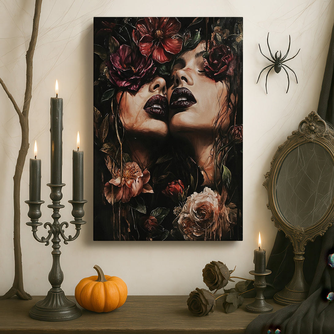 Framed Wall Art: Dramatic floral portrait in a luxurious interior. Dark, moody color palette with burgundy, black, and gold accents. Elevate your space!