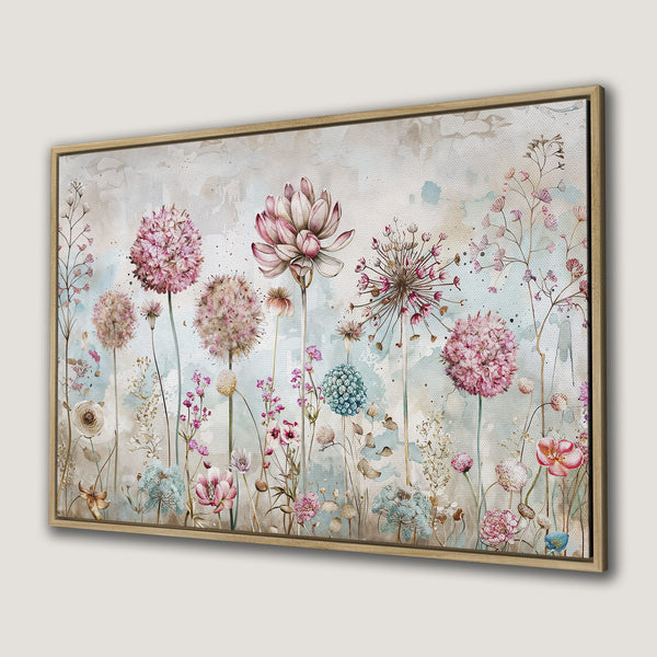 Framed Wall Art featuring watercolor floral art in soft pinks, blues, and greens. Perfect for adding a touch of nature and elegance to your home.