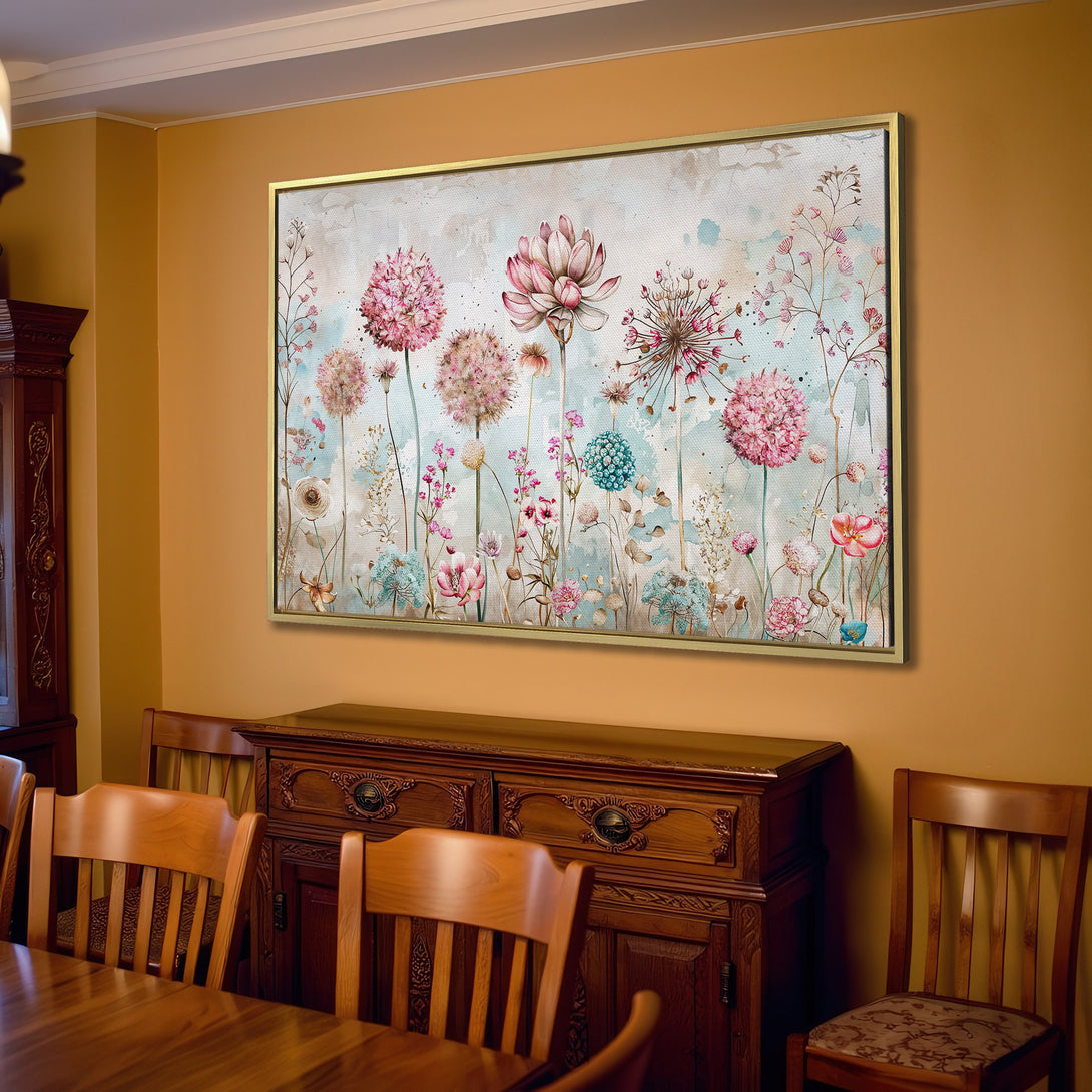 Canvas Print of watercolor floral art in a living room. Soft pinks, blues, and greens create a calming, elegant aesthetic. Perfect for home decor!