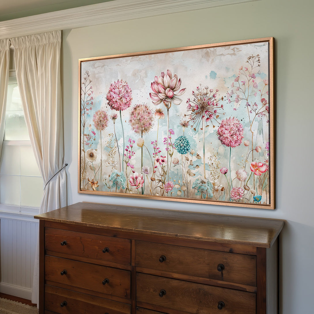 Framed Wall Art featuring watercolor floral design in pink, blue, & beige. Perfect for adding a touch of elegance to your home decor.