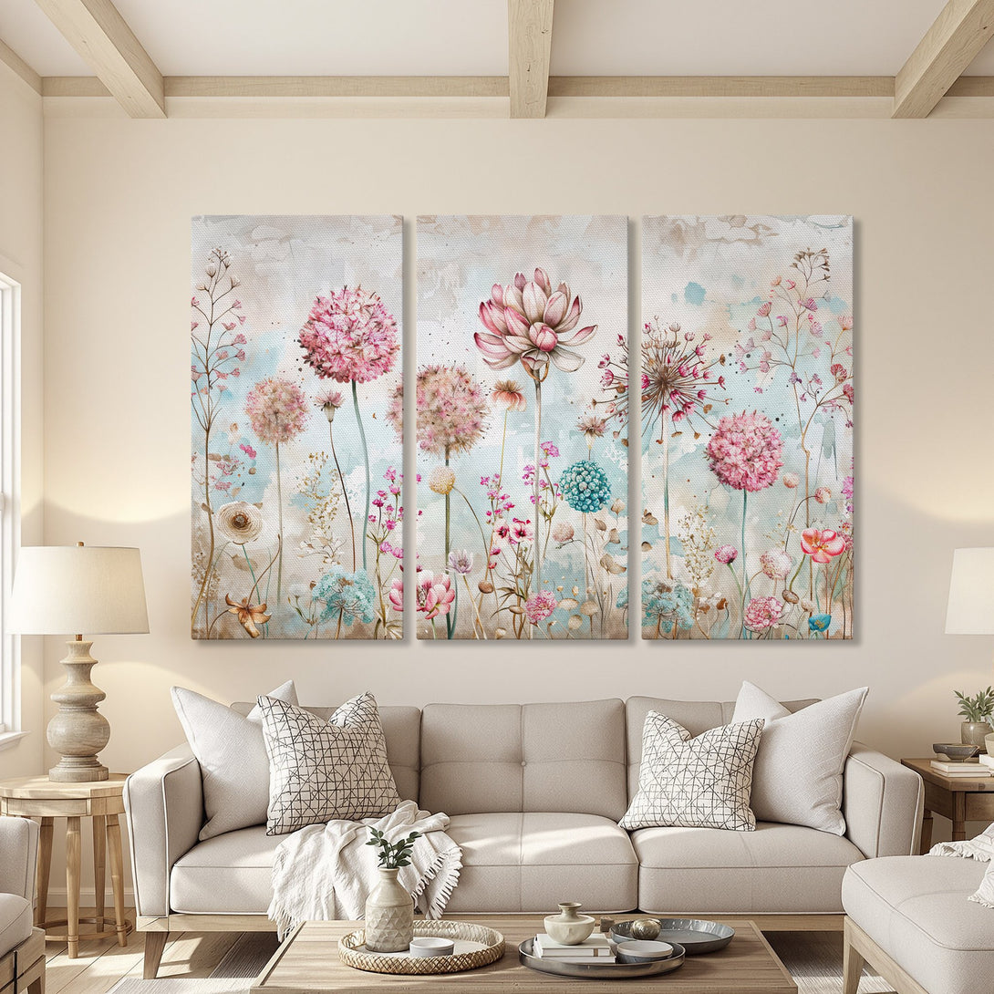 Canvas Print of watercolor floral art in a living room. Soft pink, blue, and beige color palette. Perfect for adding a touch of elegance to your home.
