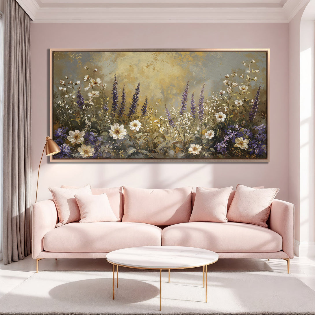 Framed Wall Art featuring a floral meadow in soft, muted tones. Perfect for adding a touch of elegance to your living room!