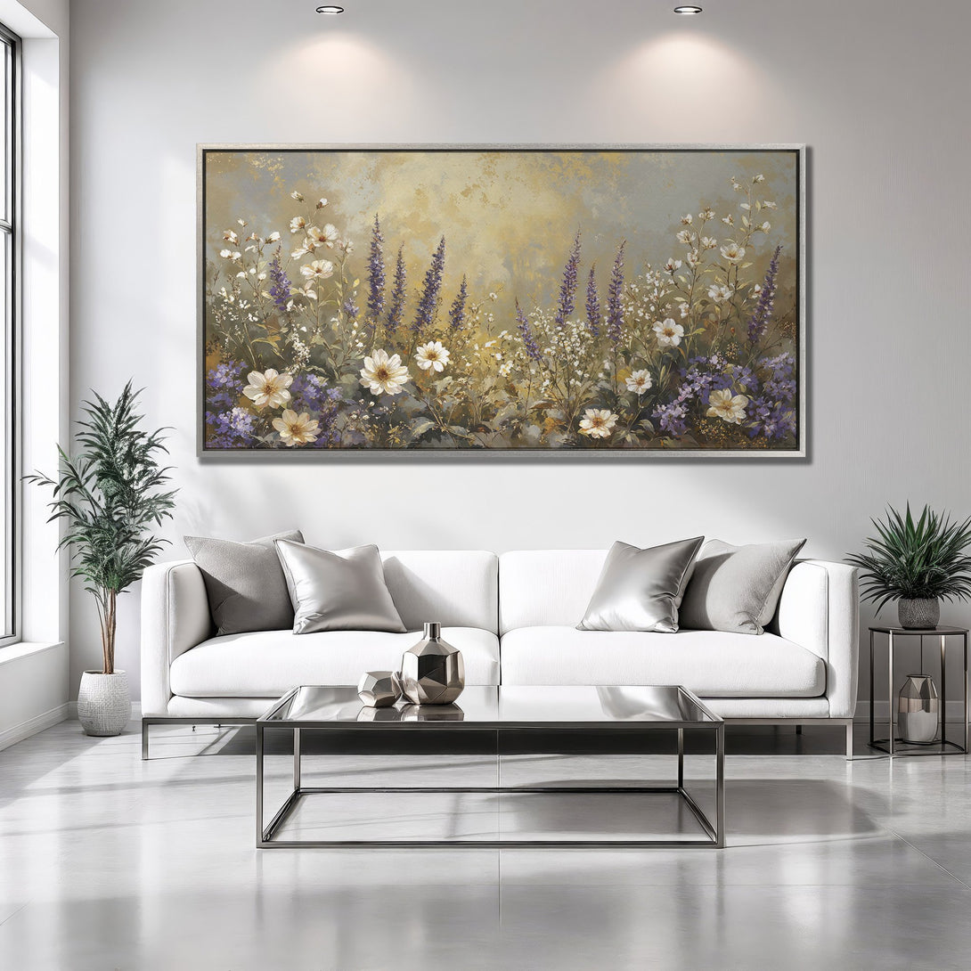 Framed Wall Art featuring a floral painting with white, purple, and neutral tones. Modern art for a stylish living room.