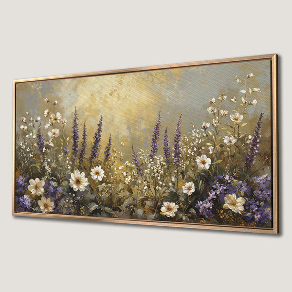 Framed Wall Art featuring a floral landscape, showcasing white, purple, and gold hues. Perfect for adding a touch of nature's beauty to your home decor.