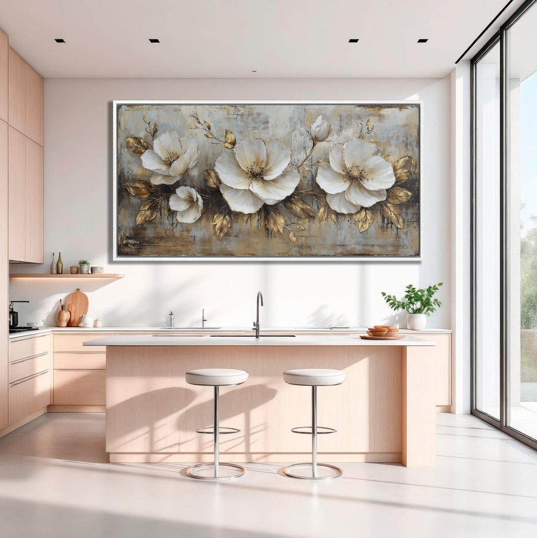 Framed Wall Art: Stunning floral canvas print in neutral tones. Modern, textured style with white, gold, and gray color palette. Perfect for kitchen decor.