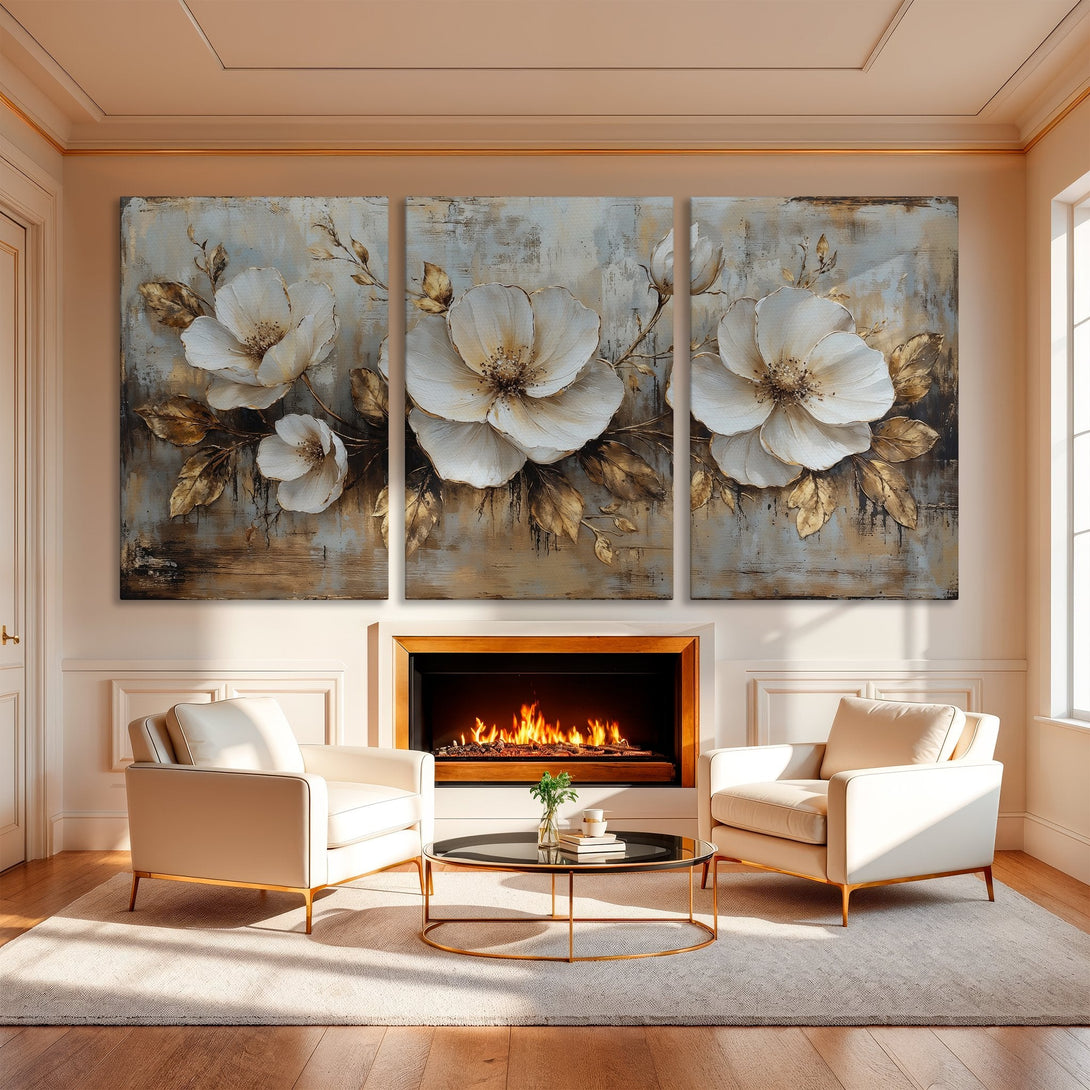 Canvas Print triptych featuring elegant white floral art with gold accents, displayed in a luxurious interior. Soft, neutral color palette.
