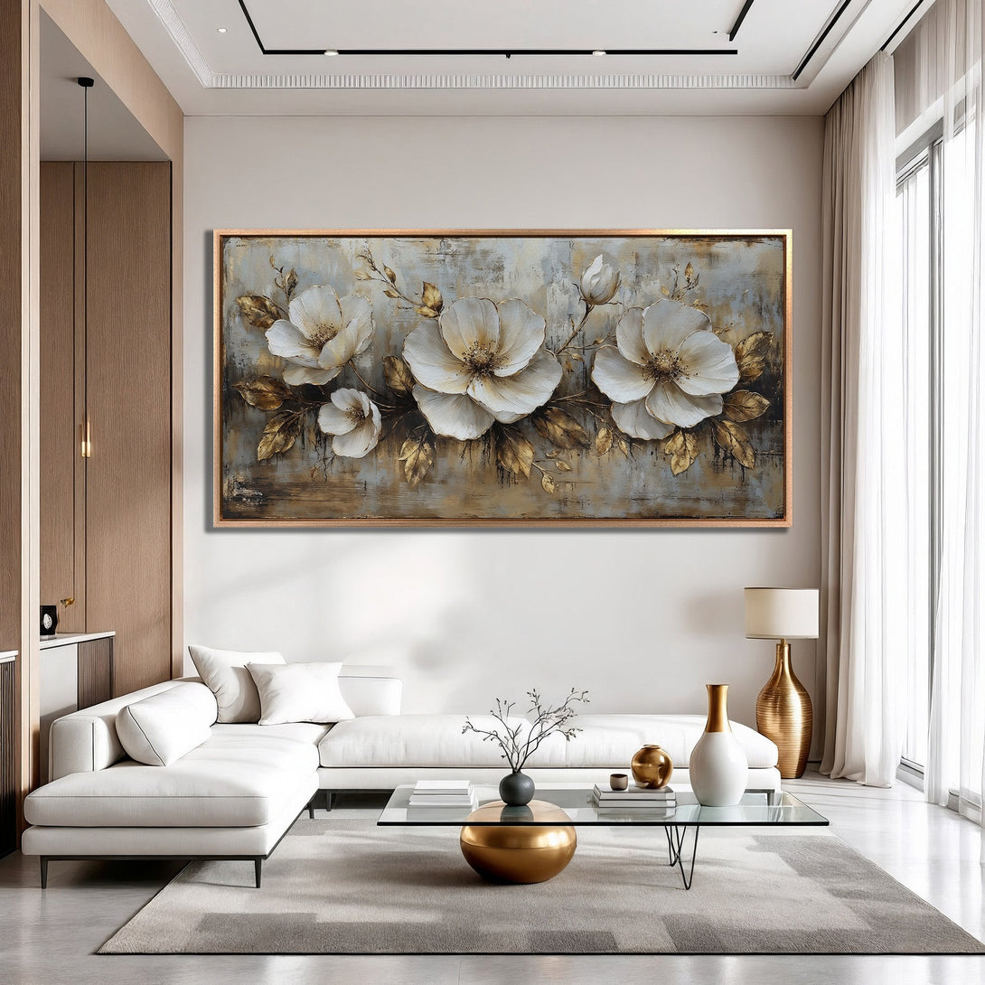 Framed Wall Art featuring elegant white flower painting. Neutral color palette with gold accents. Perfect for modern home decor.